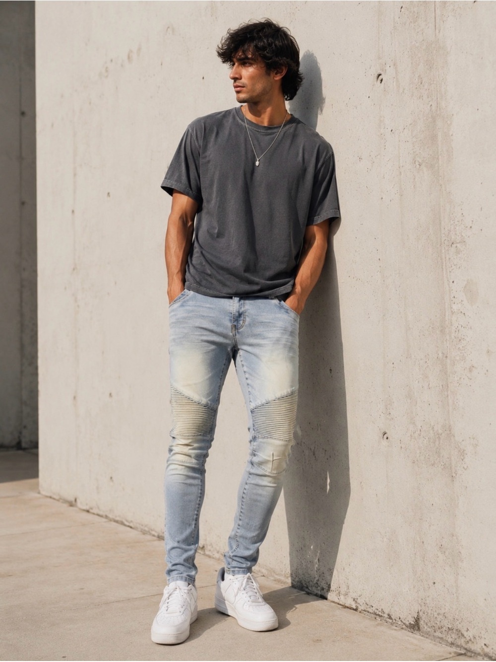Denny Rose Moto Biker Jeans Light Wash Ribbed Skinny